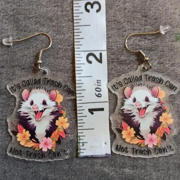 Trashy Opossum Acrylic Earrings, Hook Dangle New, Funny Wildlife Spring Summer - Picture 2 of 4